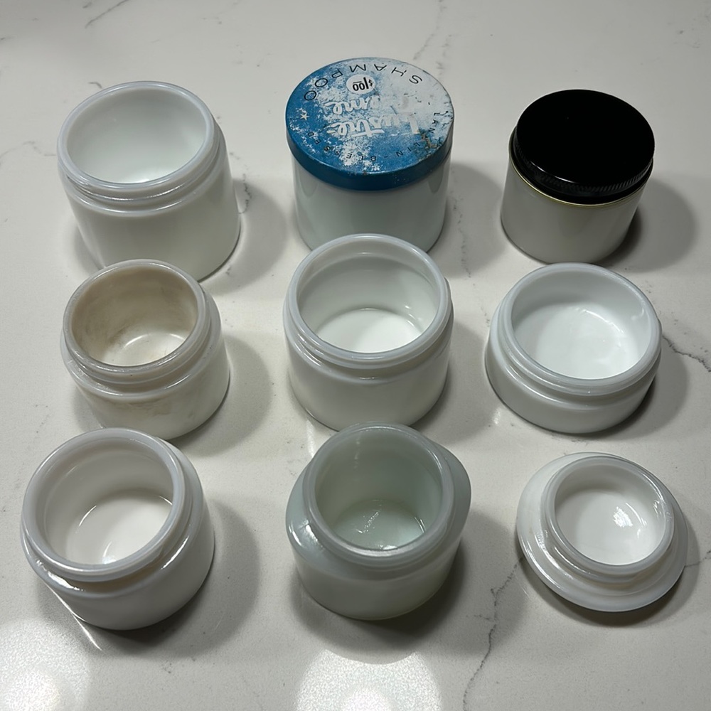 9 Milk Glass Jars of Varying Sizes